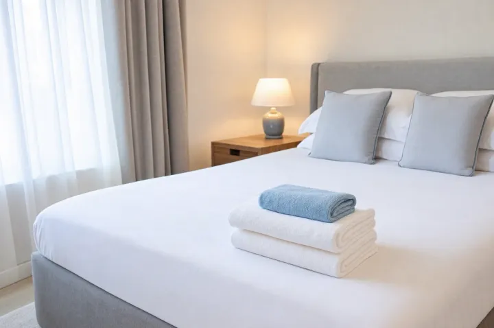 Guest bedroom made up hotel-style with white bedding and rolled towels